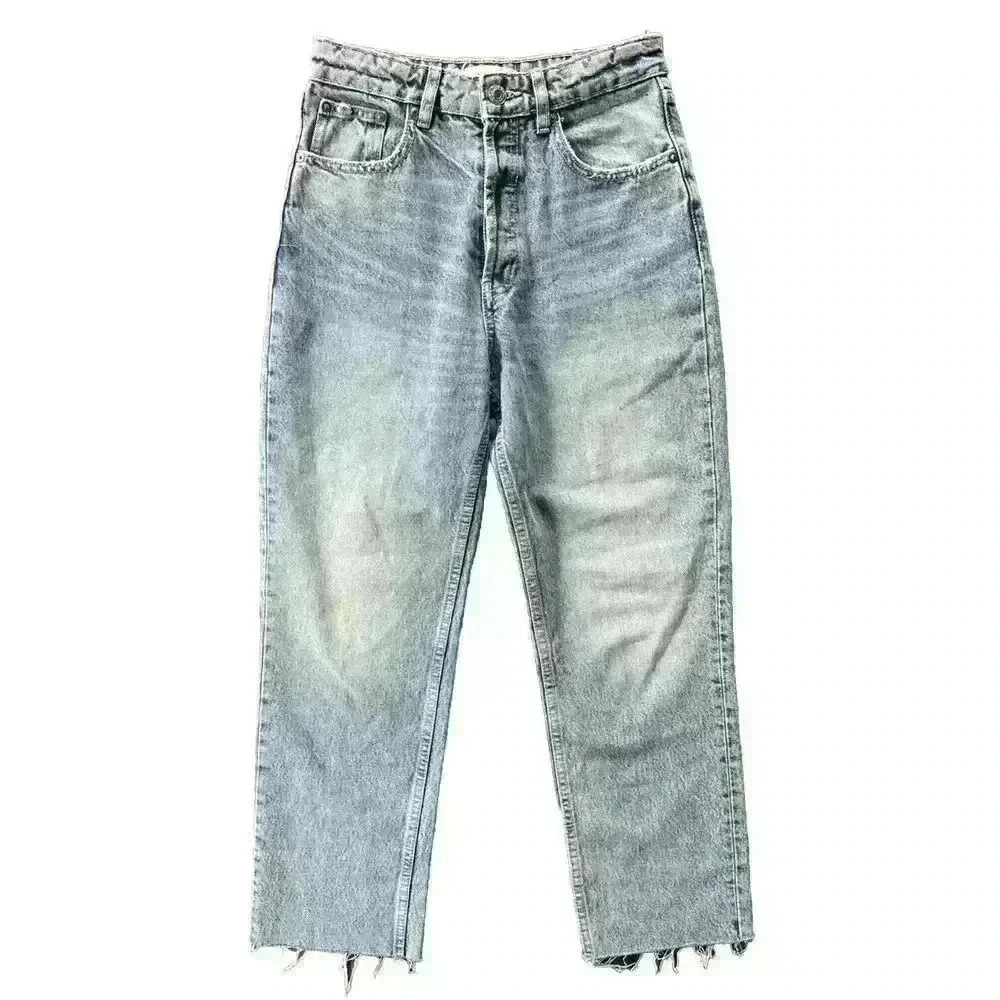 Zara Mom Fit Ankle Jeans Sz 4 High Waist Light Wash Button Fly Raw Hem